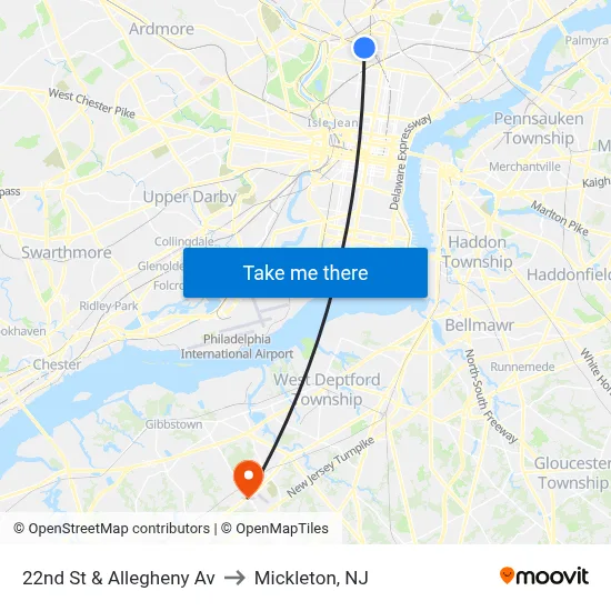 22nd St & Allegheny Av to Mickleton, NJ map