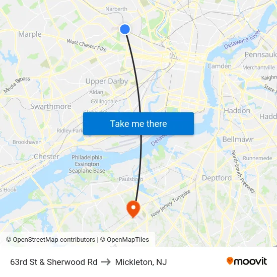 63rd St & Sherwood Rd to Mickleton, NJ map