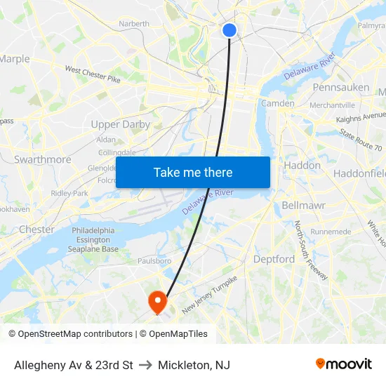 Allegheny Av & 23rd St to Mickleton, NJ map