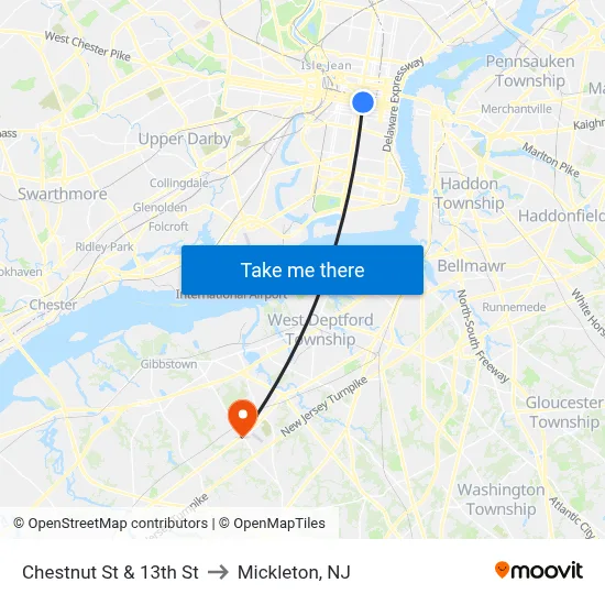 Chestnut St & 13th St to Mickleton, NJ map