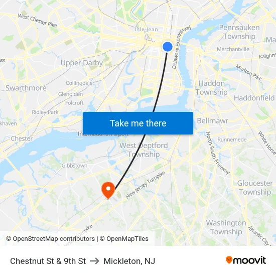 Chestnut St & 9th St to Mickleton, NJ map