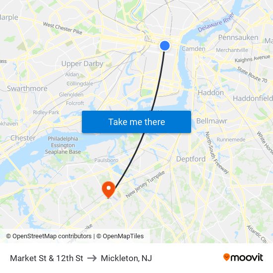 Market St & 12th St to Mickleton, NJ map