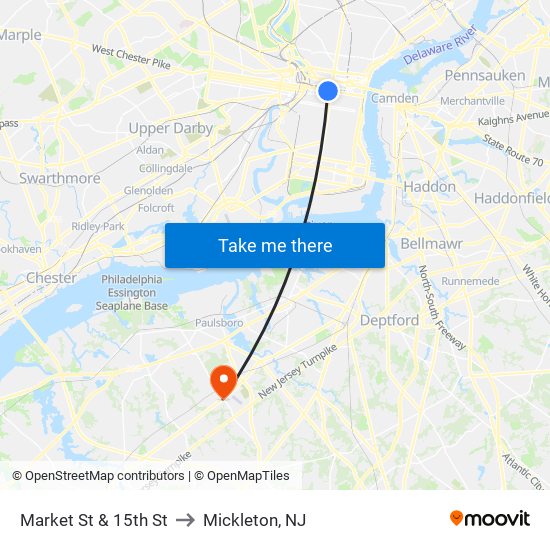 Market St & 15th St to Mickleton, NJ map