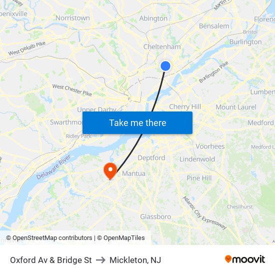 Oxford Av & Bridge St to Mickleton, NJ map