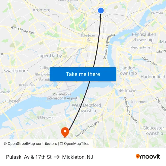 Pulaski Av & 17th St to Mickleton, NJ map