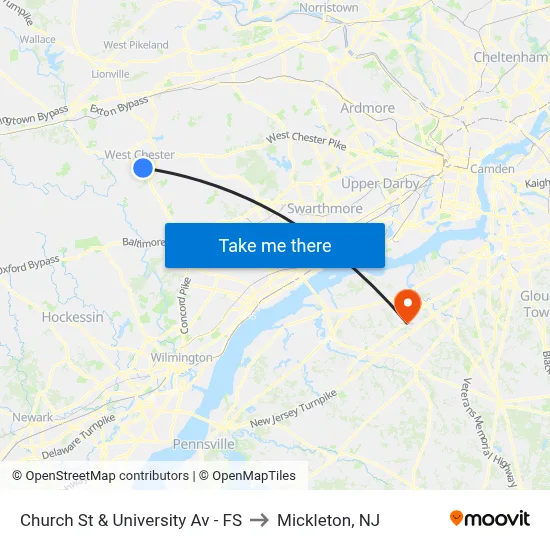 Church St & University Av - FS to Mickleton, NJ map