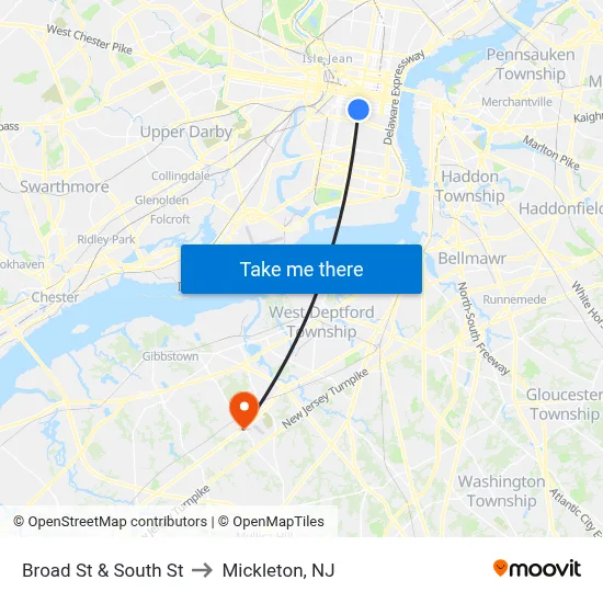 Broad St & South St to Mickleton, NJ map
