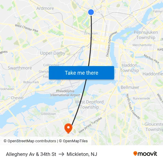 Allegheny Av & 34th St to Mickleton, NJ map
