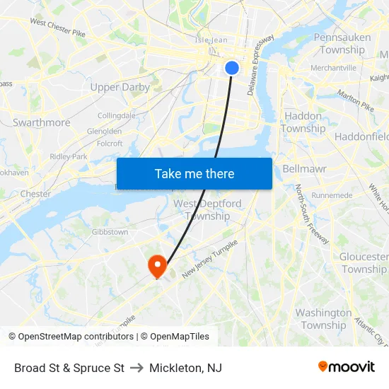 Broad St & Spruce St to Mickleton, NJ map