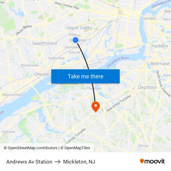 Andrews Av Station to Mickleton, NJ map