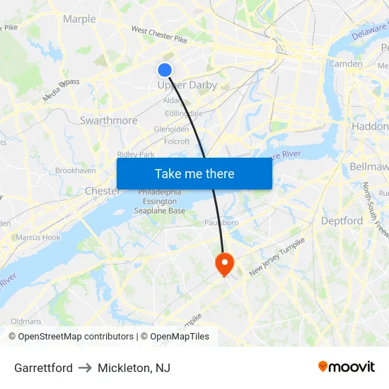 Garrettford to Mickleton, NJ map