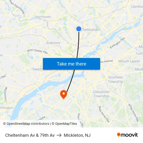 Cheltenham Av & 79th Av to Mickleton, NJ map