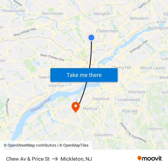 Chew Av & Price St to Mickleton, NJ map