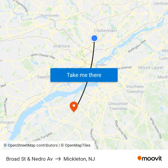 Broad St & Nedro Av to Mickleton, NJ map