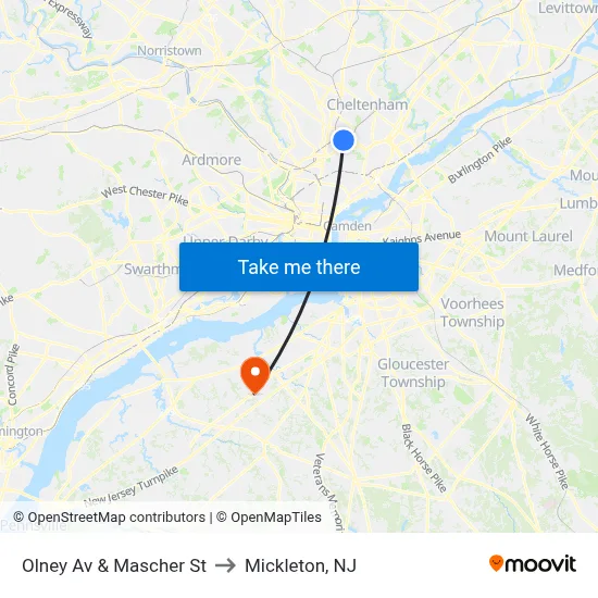 Olney Av & Mascher St to Mickleton, NJ map