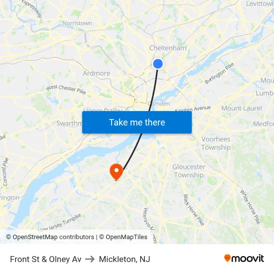 Front St & Olney Av to Mickleton, NJ map