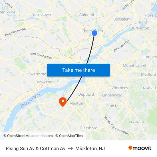 Rising Sun Av & Cottman Av to Mickleton, NJ map