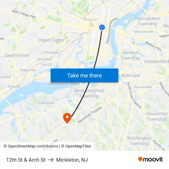 12th St & Arch St to Mickleton, NJ map