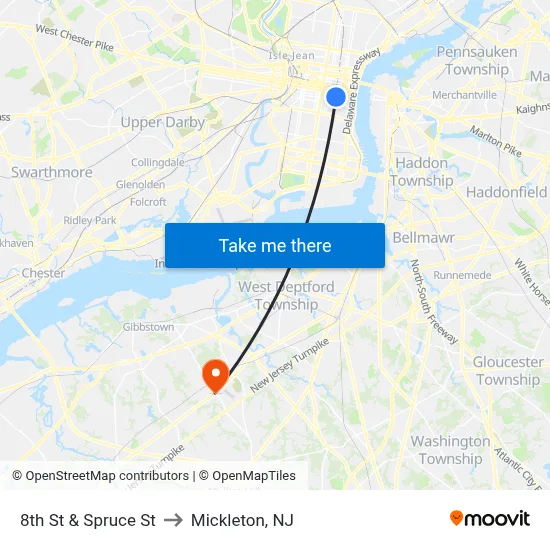 8th St & Spruce St to Mickleton, NJ map