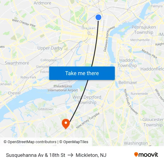 Susquehanna Av & 18th St to Mickleton, NJ map