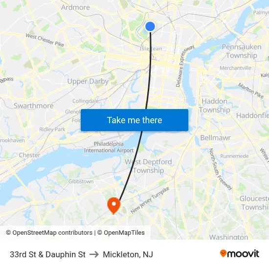 33rd St & Dauphin St to Mickleton, NJ map
