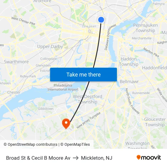 Broad St & Cecil B Moore Av to Mickleton, NJ map