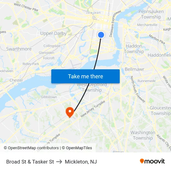 Broad St & Tasker St to Mickleton, NJ map