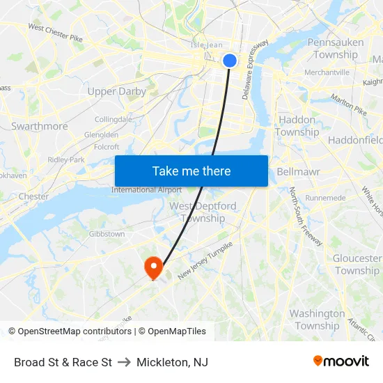 Broad St & Race St to Mickleton, NJ map