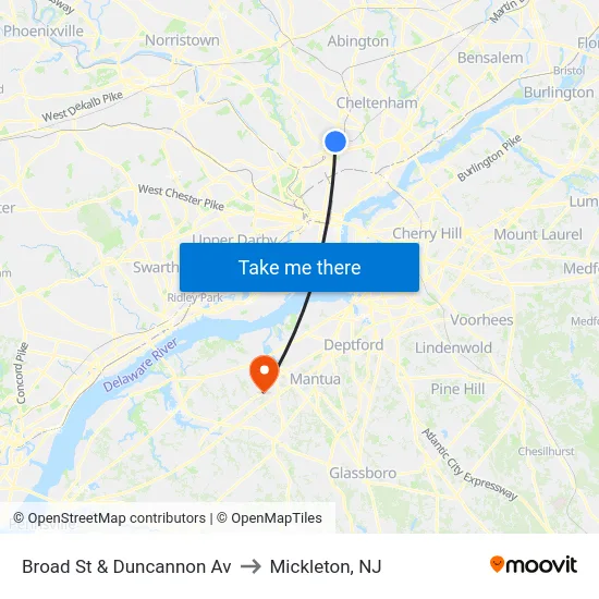 Broad St & Duncannon Av to Mickleton, NJ map