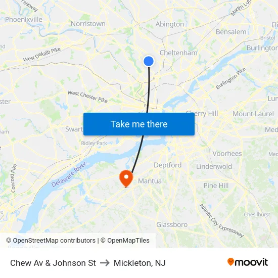 Chew Av & Johnson St to Mickleton, NJ map