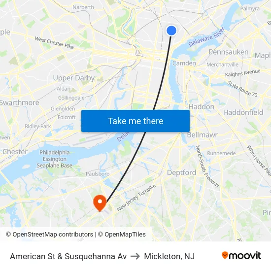 American St & Susquehanna Av to Mickleton, NJ map
