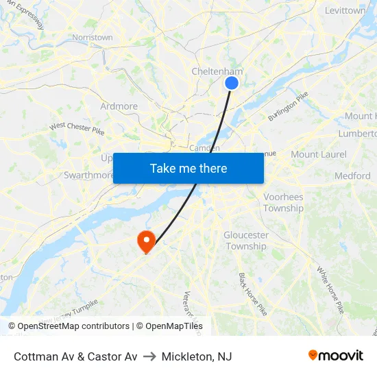 Cottman Av & Castor Av to Mickleton, NJ map