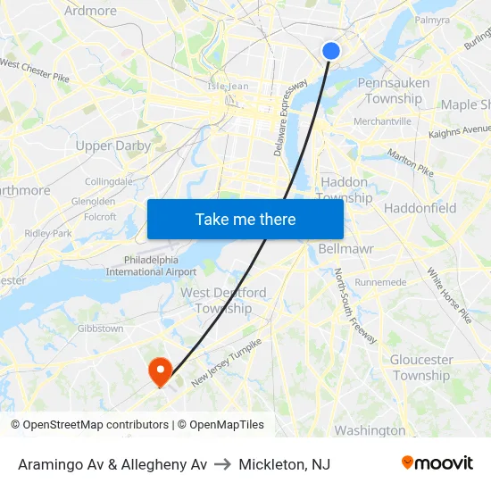 Aramingo Av & Allegheny Av to Mickleton, NJ map