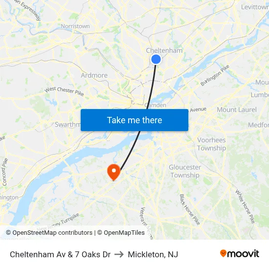 Cheltenham Av & 7 Oaks Dr to Mickleton, NJ map