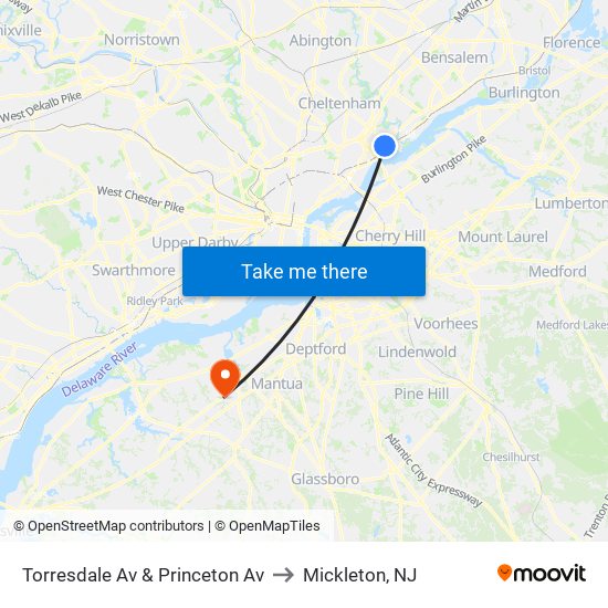 Torresdale Av & Princeton Av to Mickleton, NJ map