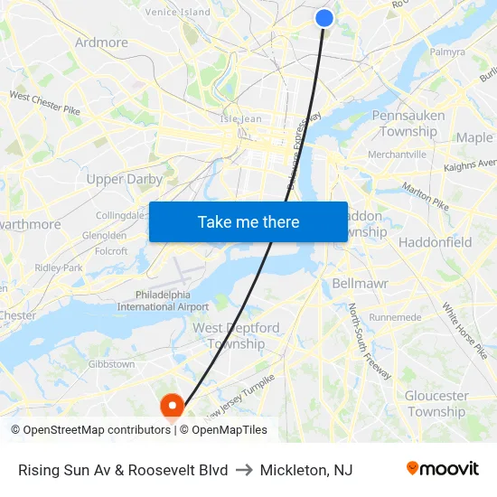 Rising Sun Av & Roosevelt Blvd to Mickleton, NJ map