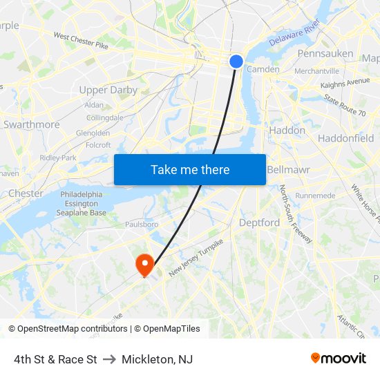 4th St & Race St to Mickleton, NJ map