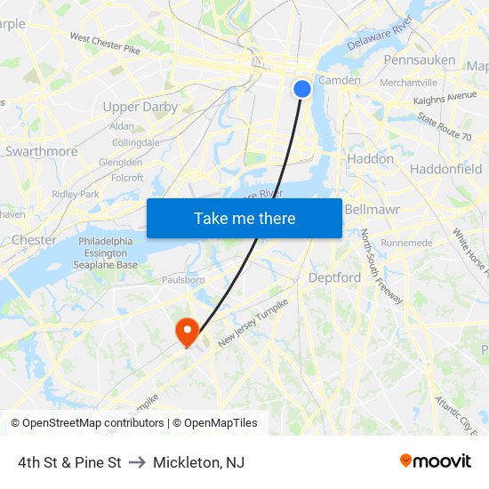 4th St & Pine St to Mickleton, NJ map