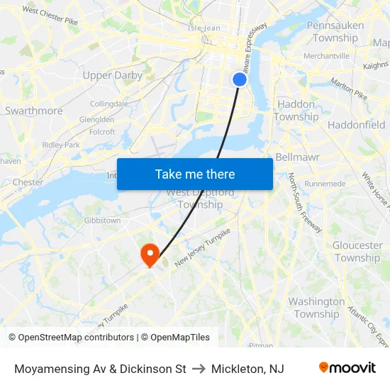 Moyamensing Av & Dickinson St to Mickleton, NJ map