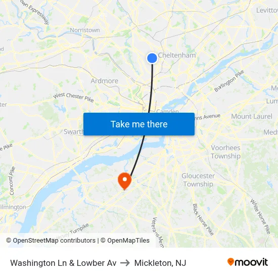 Washington Ln & Lowber Av to Mickleton, NJ map
