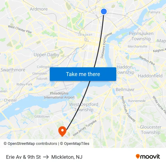 Erie Av & 9th St to Mickleton, NJ map
