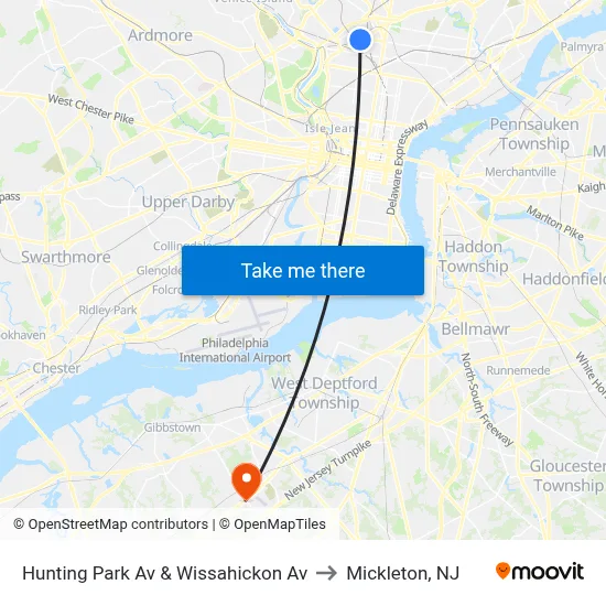 Hunting Park Av & Wissahickon Av to Mickleton, NJ map