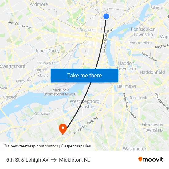 5th St & Lehigh Av to Mickleton, NJ map