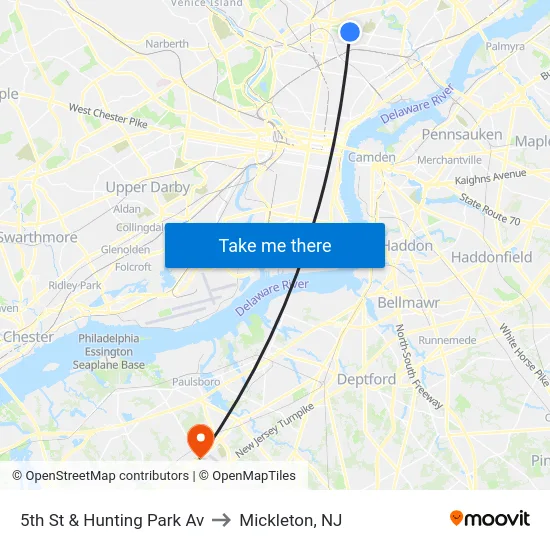 5th St & Hunting Park Av to Mickleton, NJ map