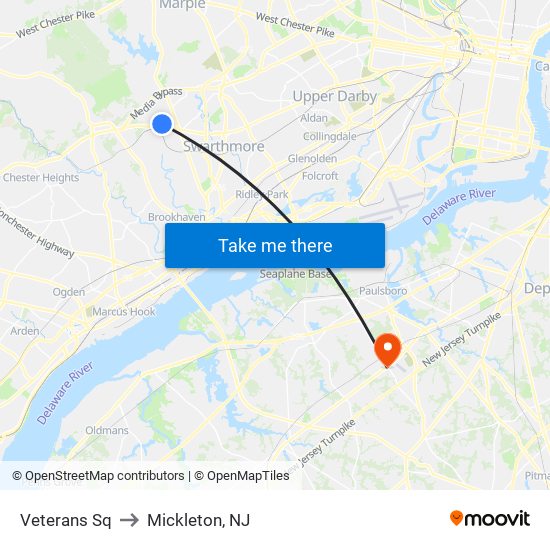 Veterans Sq to Mickleton, NJ map