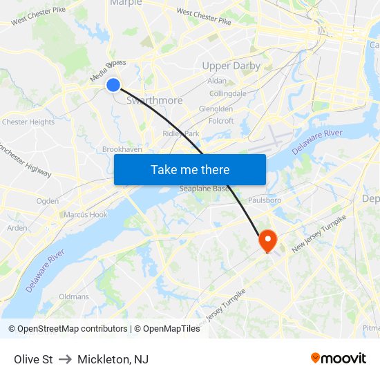 Olive St to Mickleton, NJ map