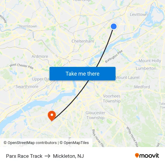 Parx Race Track to Mickleton, NJ map