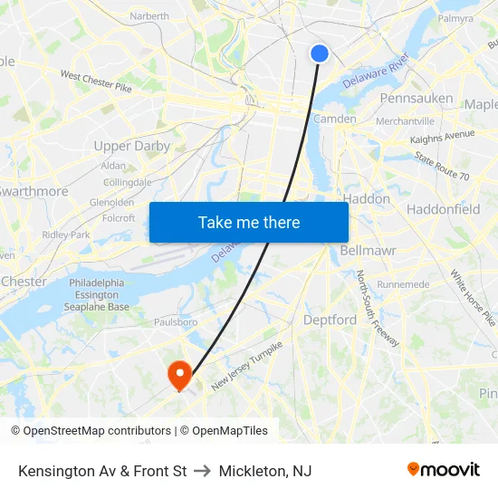 Kensington Av & Front St to Mickleton, NJ map