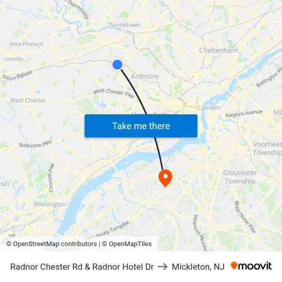 Radnor Chester Rd & Radnor Hotel Dr to Mickleton, NJ map