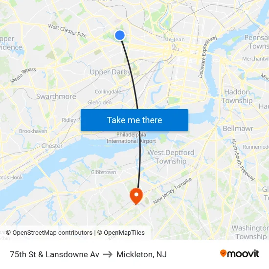 75th St & Lansdowne Av to Mickleton, NJ map